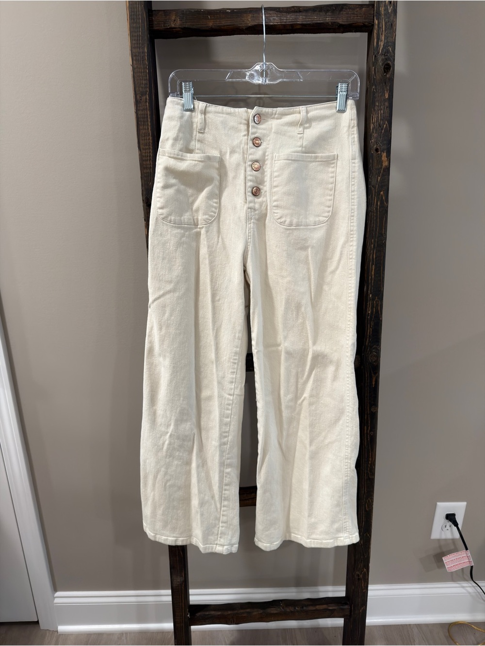 Entro Cream High Waisted Wide Leg Cropped Pants With Button Fly
